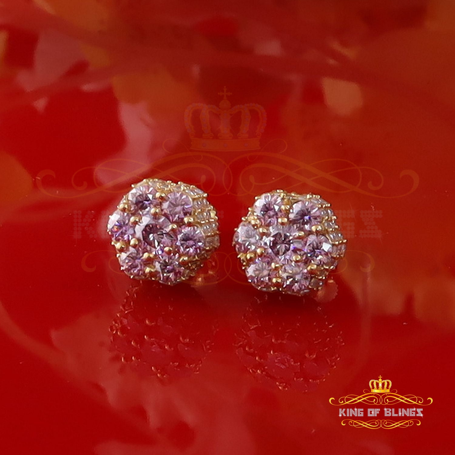 King of Bling's 2.00CT VVS D Pink Moissanite Men's/Women 925 Yellow Silver Floral Stud Earrings
