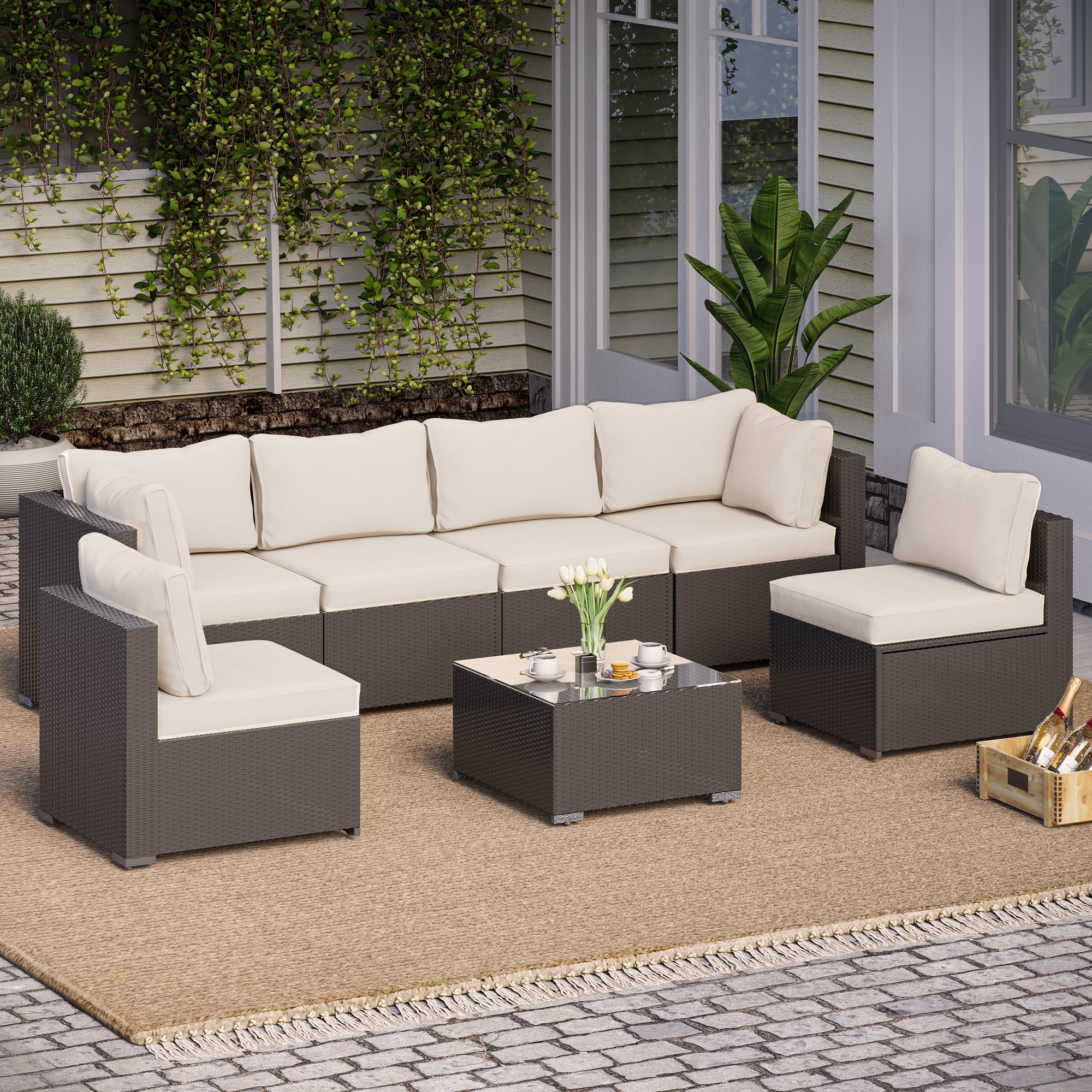 LAUSAINT HOME 7 Pieces Outdoor Furniture Set, Patio Sectional Conversation Set with 6 Chairs and 1 Coffee Table, Beige Cushions