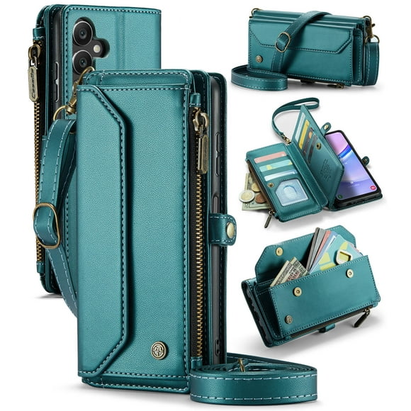 CaseMe Leather for Samsung Galaxy A15 6.5" Case Wallet【RFID Blocking】with 10-Card Holder Zipper Bills Slot, Soft PU Leather Magnetic Shoulder Wrist Strap for Samsung Galaxy A15 6.5" Wallet Case Women