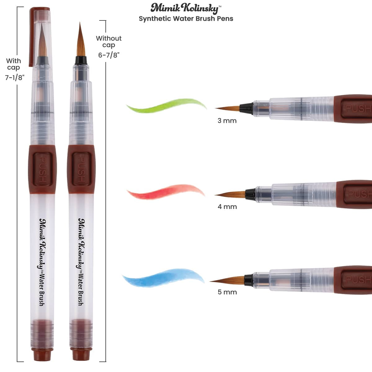 Mimik Kolinsky Synthetic Water Brush, Rounds 3 and 4mm - Handmade in Germany, Watercolor Brushes with Highly Absorbent Bristles, See-Through Water Reservoir, Perfect for Ink & Watercolor On-the-Go