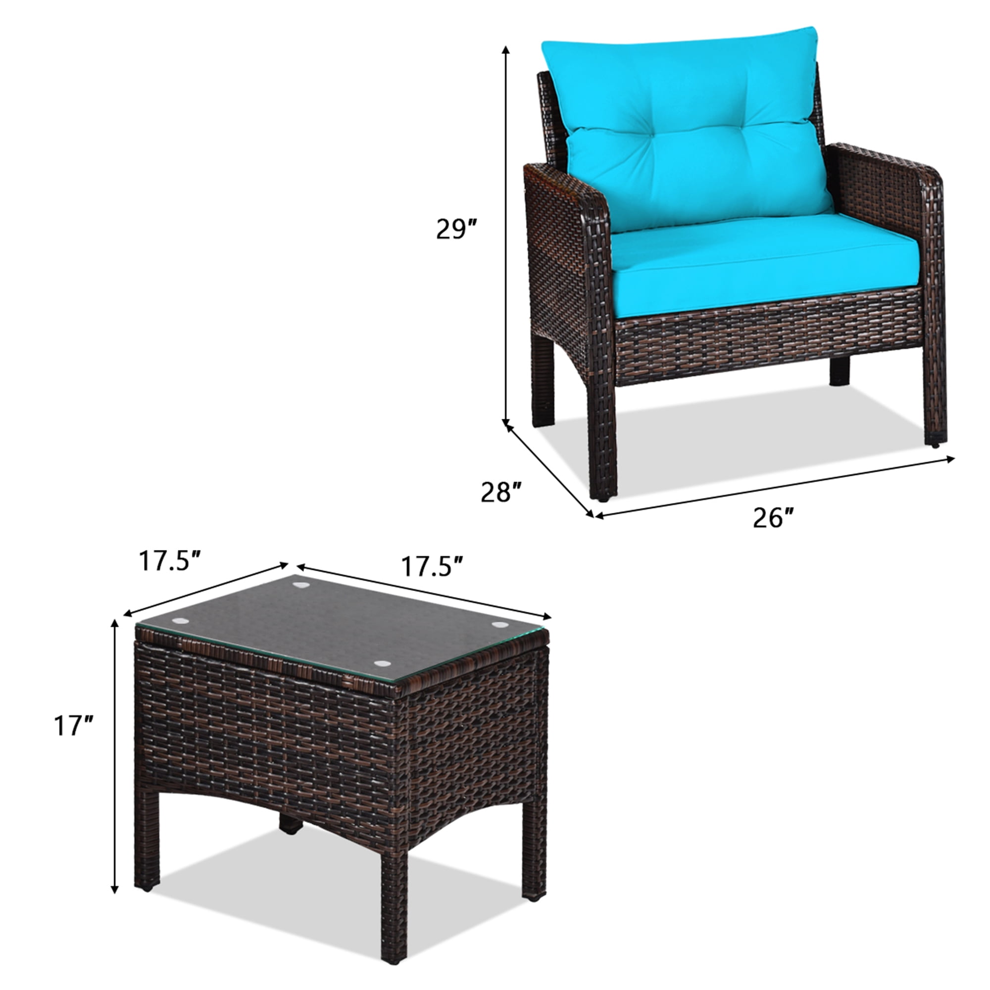 Gymax 3PCS Patio Outdoor Rattan Furniture Set w/ Coffee Table Turquoise Cushion