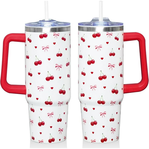 30 Oz Red Cherry Tumbler with Handle and Straw, Insulated Stainless Steel Coffee Travel Cup Mug Water Bottle, Red Cherry Themed Gifts for Women