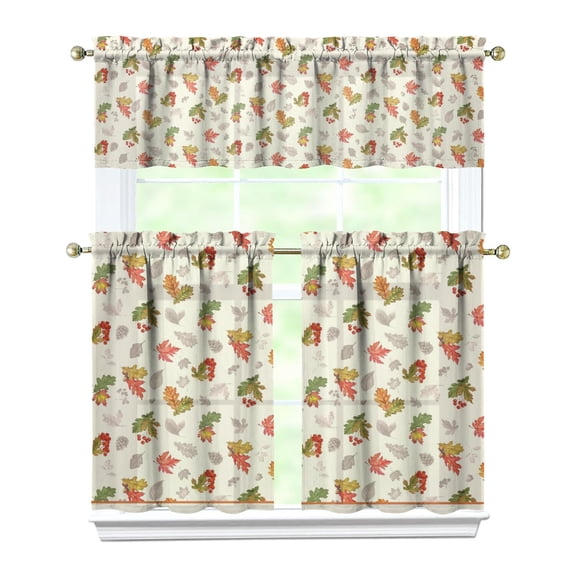 Fall Kitchen Curtains 36 Inch Short - 3 Panel Set, Autumn Harvest Print, Rod Pocket Window Treatment for Thanksgiving, Farmhouse, Cafe, Living Room - Machine Washable