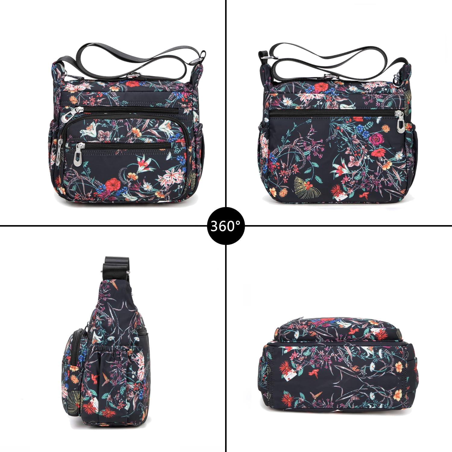 AOUNQ Crossbody Bag for Women Multi Pocket Shoulder Purse Bags Nylon Ladies Travel Handbag with Adjustable Straps