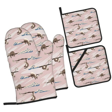 

Haiem Cloud Sloth Print Extra Long Oven Mitts and Pot Holders 4pc Sets: Heat Resistant Silicone Oven Mittens with Mini Oven Gloves and Hot Pads Potholders