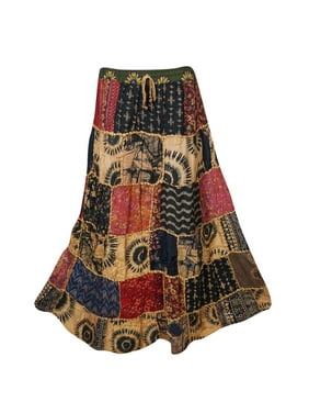 Mogul Womens Indian Vintage Patchwork Long Skirt Printed A-Line Gujarati Dori Gypsy Hippie Chic Skirts