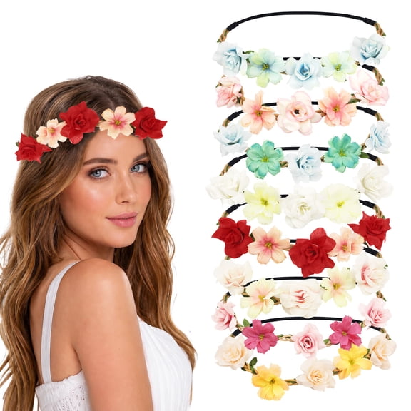 8 Pcs Flower Crown for Women Girls, Boho Floral Wreath Headband, Elastic Hair Accessories for Wedding Bridal Beach Birthday Festival Party Photoshoot Décor