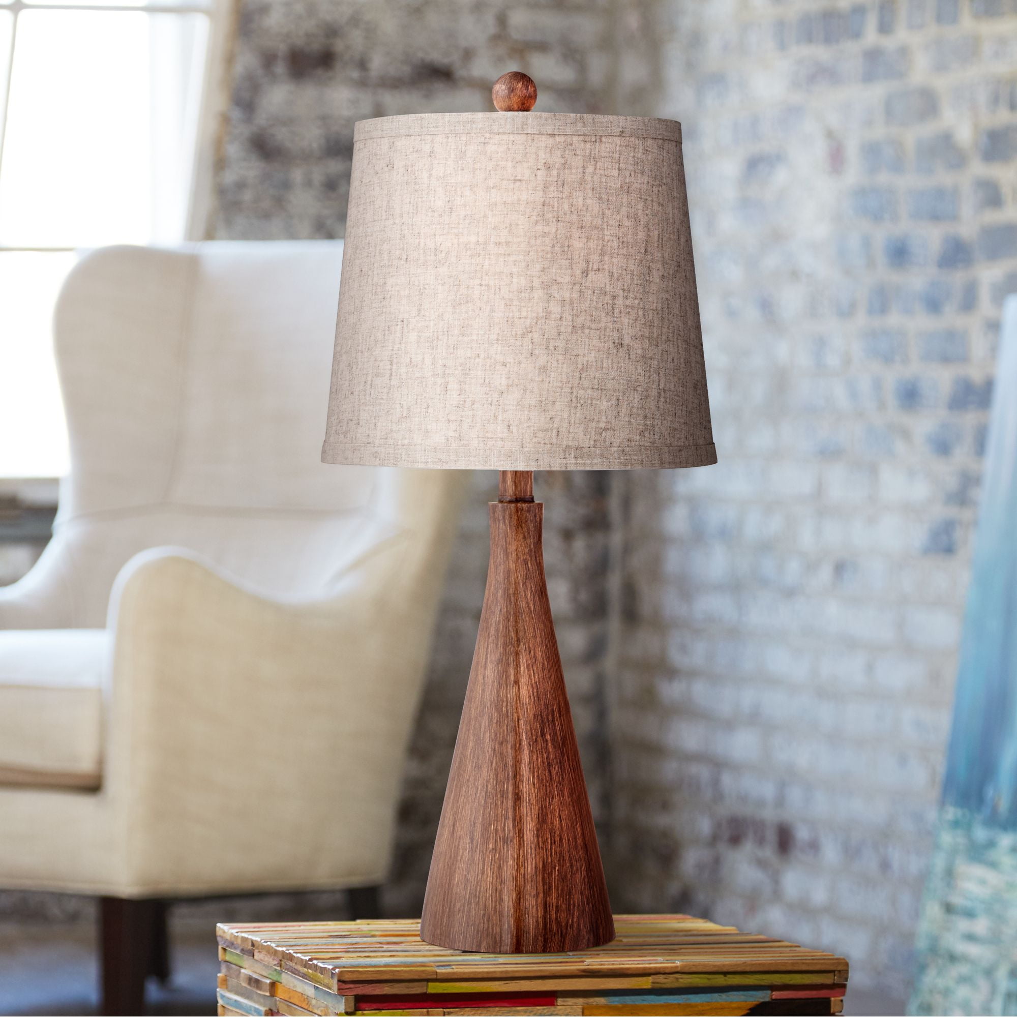 360 Lighting Fraiser 23 1/2" High Cone Small Mid Century Modern Accent Table Lamps Set of 2 Brown Wood Finish Living Room Bedroom