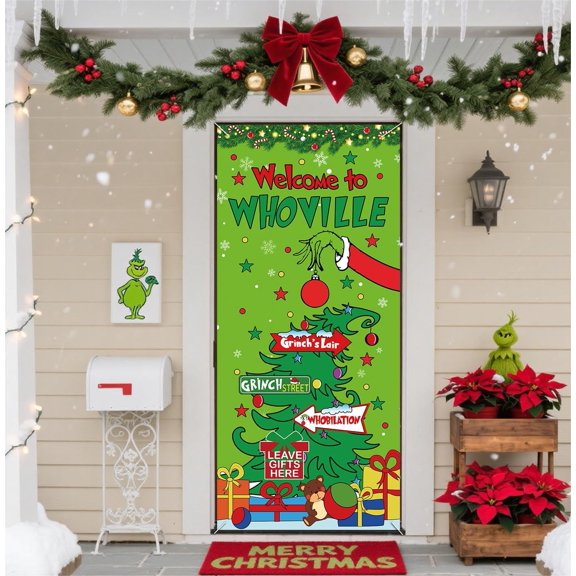 Christmas Door Cover 6.6x3FT Whoville Welcome Banner With Green Trees For Front Door Xmas Party Decorations
