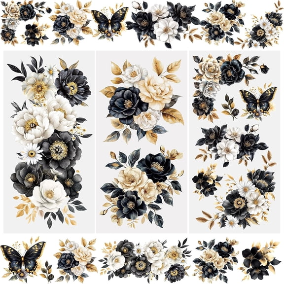 3 Sheets Rub On Transfer Stickers, Black Gold Floral Theme Waterproof Decals Furniture Craft Decorative, Junk Journals for DIY Scrapbooking, 15 * 30cm