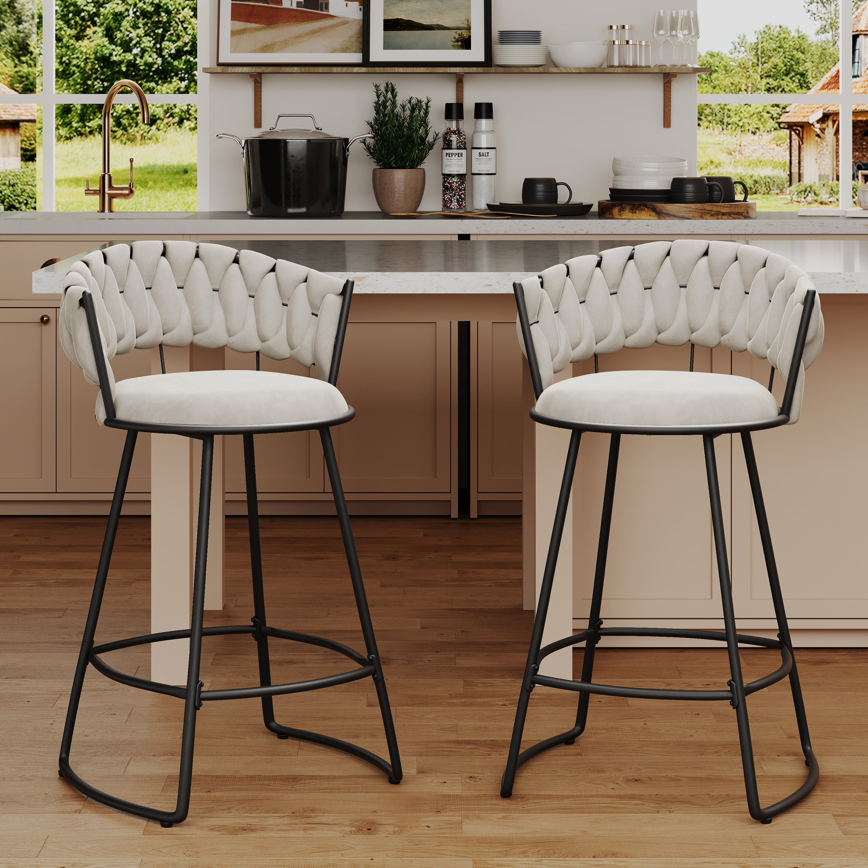 Andeworld 24'' Barstools set of 2, Modern Velvet Bar Stools with Woven Back, Counter Height Barstools with Upholstered Seating, U-Footrest, Ivory