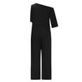 thumbnail image 5 of Jumpsuit for Women Summer Flowy Off One Shoulder Asymmetric Long Romper Zip Back Slit Hem Elegant Office Outfits, Black, M, 5 of 5