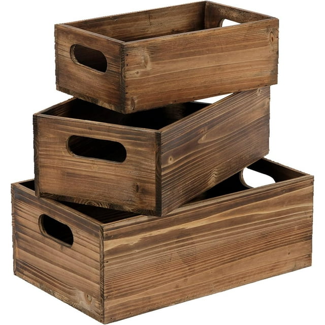 Sintosin Rustic Wooden Crate Set of 3, made from distressed wood with a farmhouse-style design. The crates are shown stacked, emphasizing their nesting feature and side handles for easy transport. Perfect for decorative storage in living rooms, kitchens, or craft rooms.