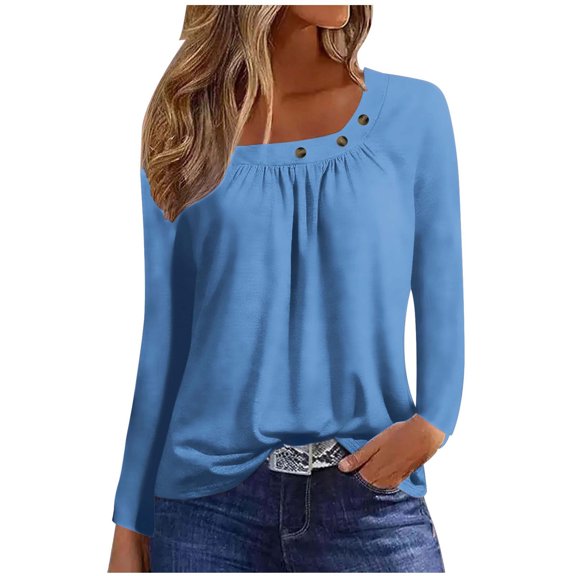 Tumotour Pullover for Women Crew Neck Long Sleeve T Shirts With Buttons Casual Loose Top 2025 Sweatshirts Blouse Tops