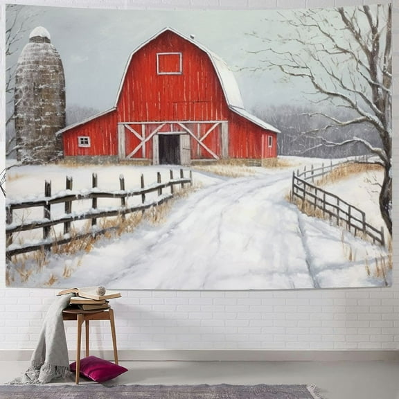 Creowell Snow Barn Fence Tapestry Wall Hanging Short Plush Lightweight Easy to Hang Indoor Outdoor Use 4 Sizes 40x30inch