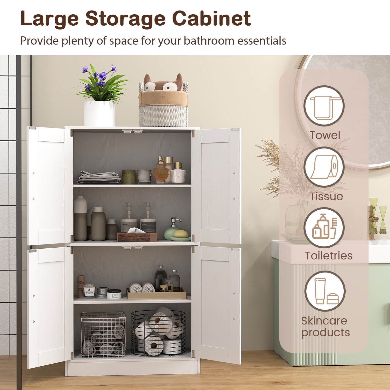 Costway Bathroom Cabinet with Doors & Adjustable Shelves Storage Organizer for Living Room White