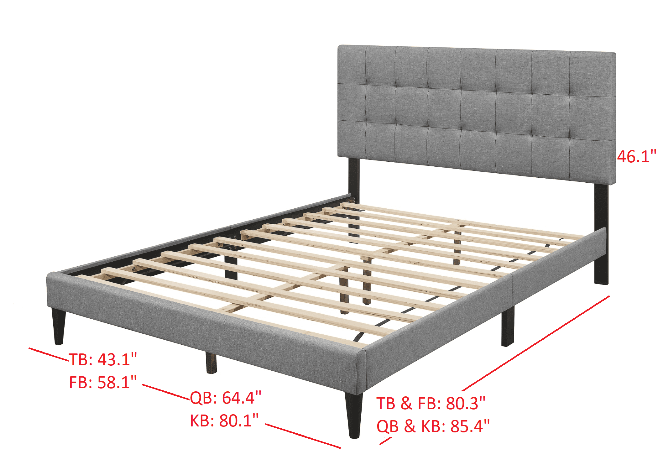Home Design Evanston Twin Tufted Upholstered Platform Bed with Slatted Wood and Foam-Padded Headboard, Gray, Easy Assembly
