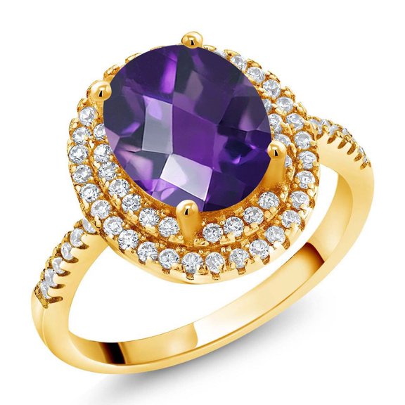 Gem Stone King 18K Yellow Gold Plated Silver Halo Engagement Ring Checkerboard Amethyst Moissanite (1.93 Cttw)