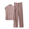 thumbnail image 2 of Ndbuld Cotton Pajamas for Women Sets Women's Round Neck Summer Loose Solid Color High Neck Sleeveless T-shirt Lace Up Wide Leg Pants Home Wear Two-piece Set Khaki L, 2 of 3
