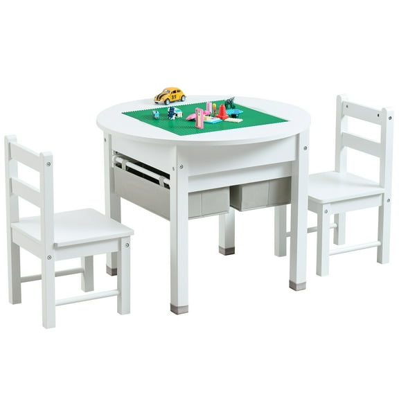 Kids Construction Play Table and Chairs Set with Storage Drawers, 2 in 1 Kids Activity Kid Activity Table Built-in Baseplate Compatible with Lego & Duplo Bricks
