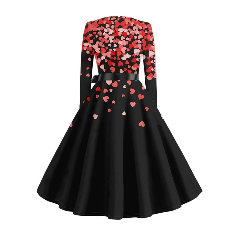 Women's Valentine s Day Heart Print Dress Long Sleeve Belted Waist Flowy A  Line Skirt Romantic Red Heart Detail Comfortable Soft Material Perfect for  ...