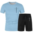 thumbnail image 4 of Gyexs Men's 2 Piece Outfit Christianity Letter Graphic Short Sleeve T Shirts and Track Shorts Sets Casual Summer Clothes Light Blue, Size L, 4 of 4