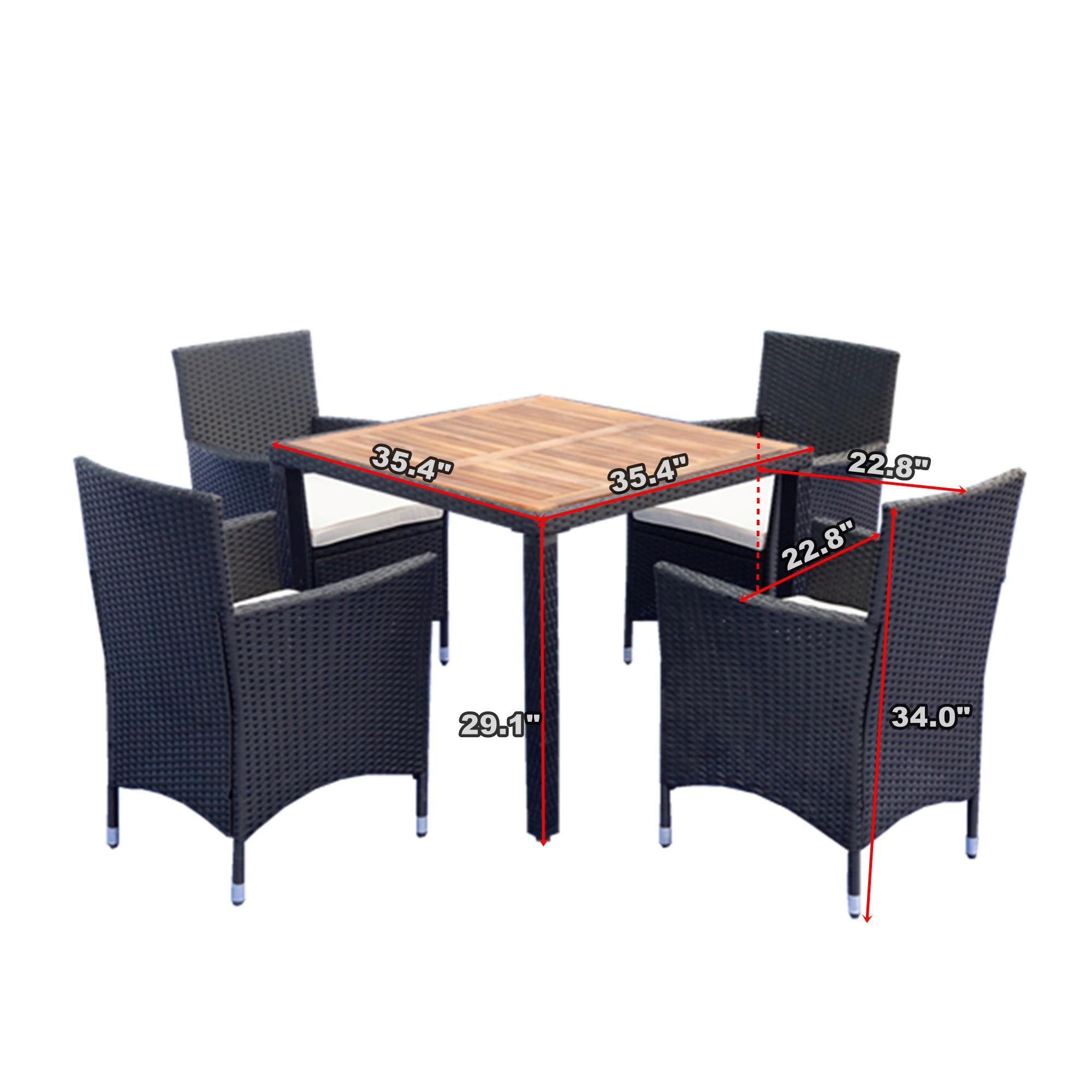 Seizeen Outdoor Dining Table Set 5 Pieces, Patio Rattan Dining Table & Chair w/ Wooden Top & Padded Cushions, Deck Furniture Conversation Set for Garden Porch Backyard