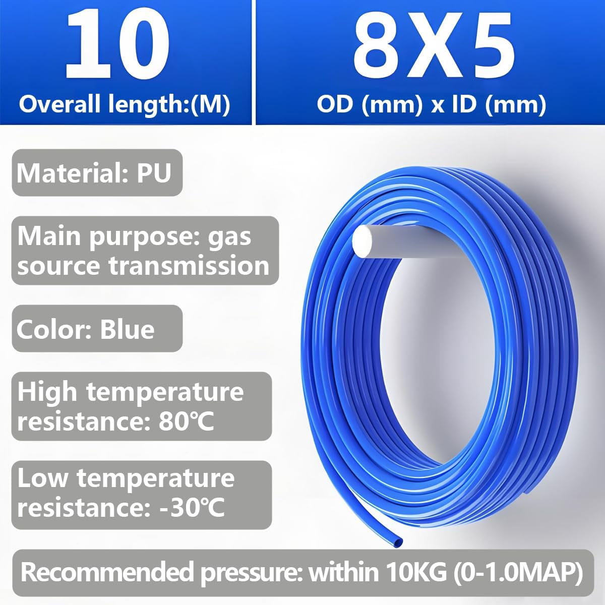MKEUDQ-Polyurethane Tube, Pneumatic Hose OD 8mm x ID 5mm with Blue pipe Cutter, Air Compressor Hose, 10M PU Tubing used for Gas source transmission (Blue)