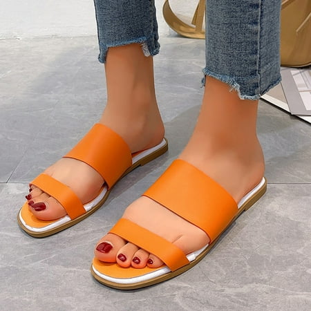 

HIBRO Ladies Fashion Summer Solid Color Leather Versatile Casual Flat Slippers
