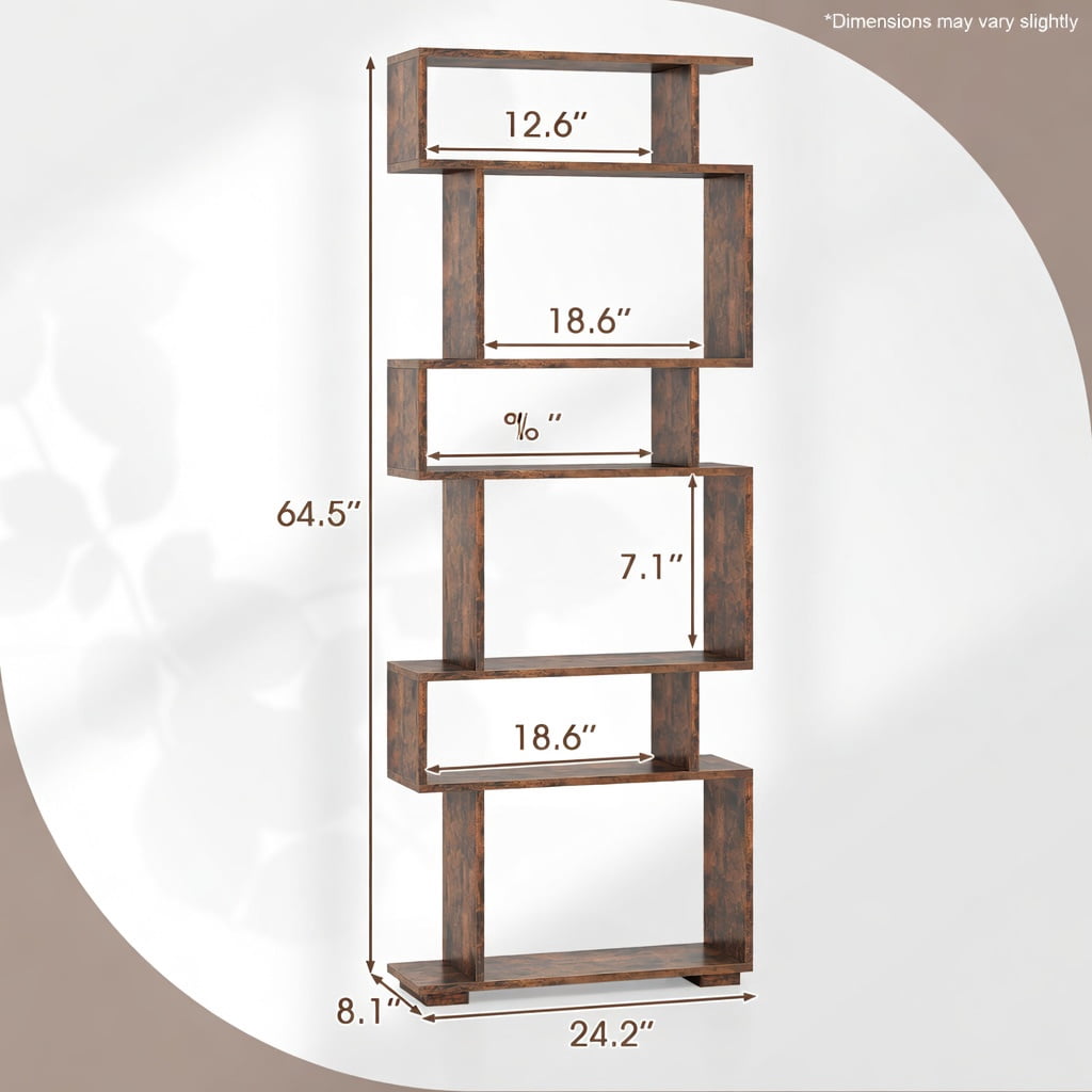 GVN 6-Tier Geometric Open Bookshelf Stylish Modern Display Bookcase with 2 Anti-Tipping Kits Stable Structure for Home Office Study Living Room Storage Furniture, Brown