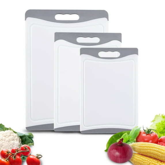 Cutting Boards Set of 3, Plastic Cutting Board Set for Kitchen with Juice Groove Multiple Sizes Chopping Board for Meat, Vegetables, Fruits, Bread-Gray+White