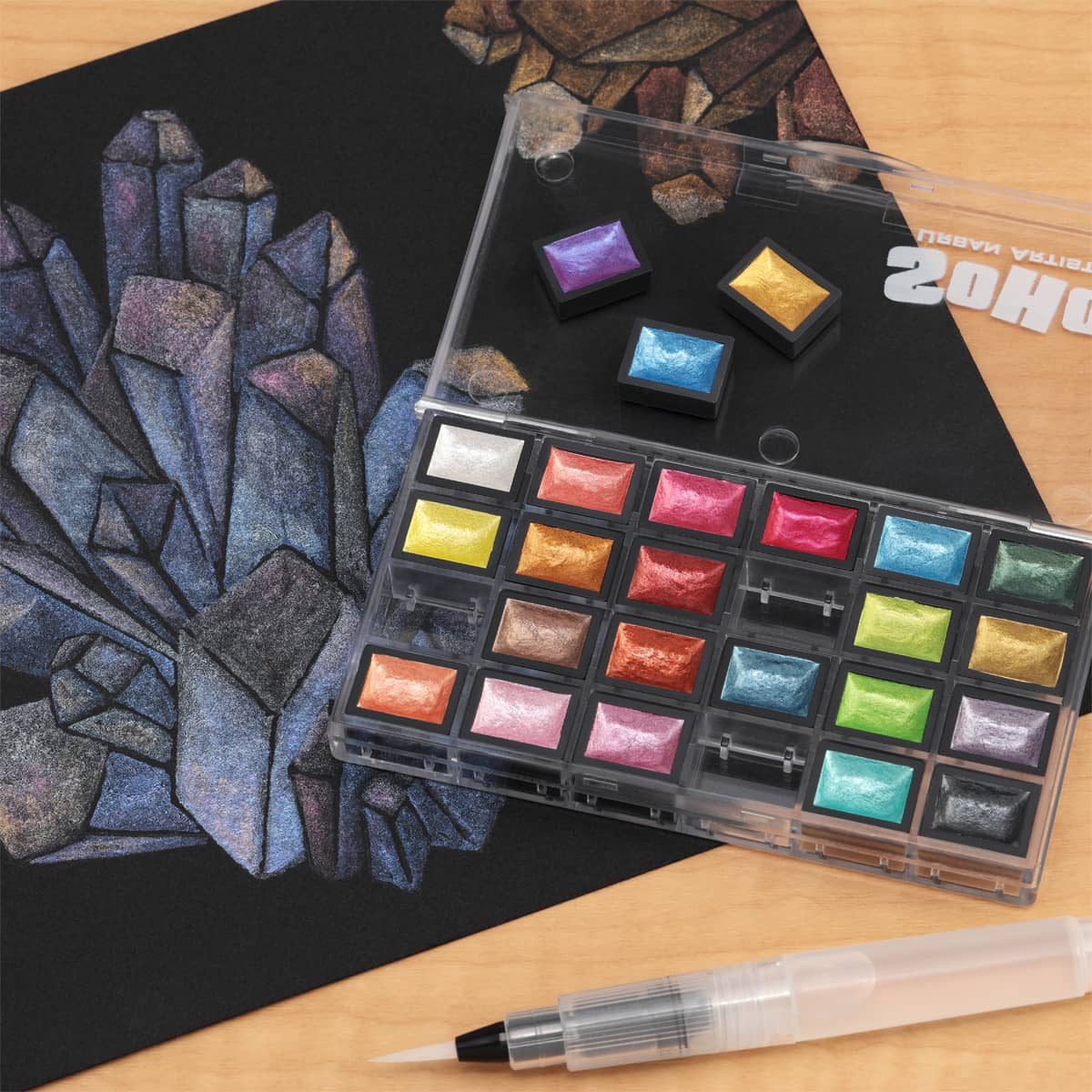 SoHo Urban Artist Mini Pan Metallic Watercolor Set of 24 – Luminous Shimmering Mini Pans, Professional Watercolor Paint Set in Clear Plastic Case, Semi-Moist Watercolor Pans for Easy Color Lift