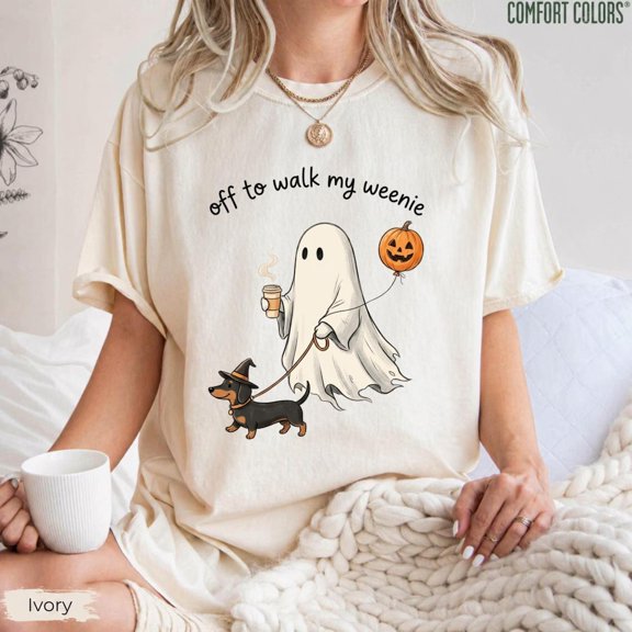Off to Walk My Weenie T-Shirt, Funny Dachshund Halloween Ghost Tee