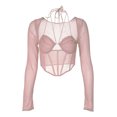 thumbnail image 1 of VISgogo, blusas cortas para mujer, camisas ajustadas huecas de corte bajo con cuello Halter de manga larga de malla de Color sólido para mujer VISgogo  moda, 1 of 9