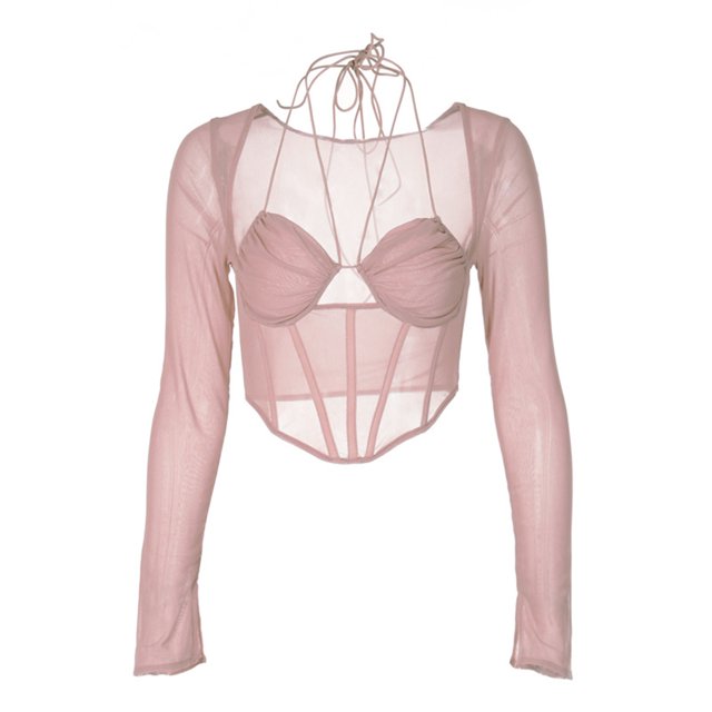 VISgogo, blusas cortas para mujer, camisas ajustadas huecas de corte bajo con cuello Halter de manga larga de malla de Color sólido para mujer VISgogo moda