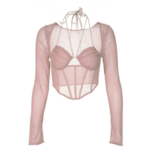 VISgogo, blusas cortas para mujer, camisas ajustadas huecas de corte bajo con cuello Halter de manga larga de malla de Color sólido para mujer VISgogo moda