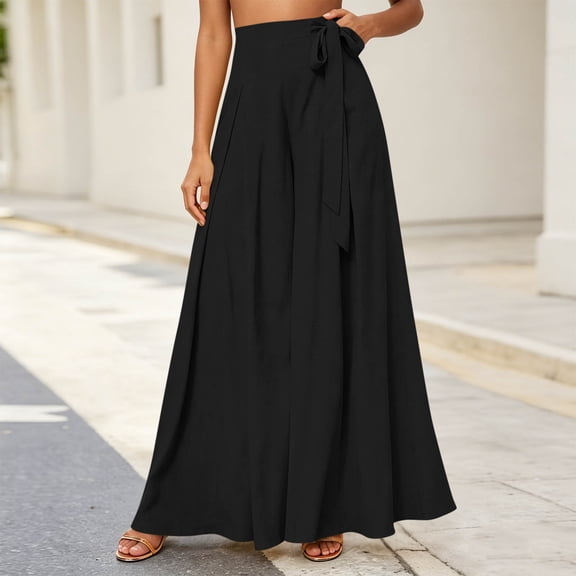 Pounoo Pants for Women High Waist Solid Color Side Tie Detail Wide Fit Trousers Boho Vacation Style Lightweight Airy Bottoms