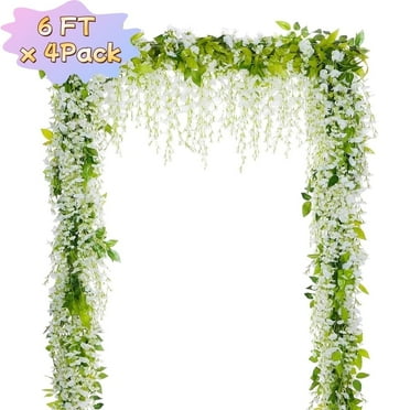 White Wisteria Garland Artificial Flower Garland 4 Pcs 24ft - Artificial Silk Hanging Floral Arrangements Flores Para Decoration For Home Garden Wedding Decor Garden Flowers Outdoor