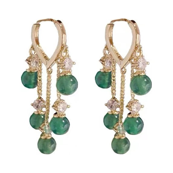 Opolski 1 Pair Ladies Earrings Eye-catching Fine Workmanship Tassel Golden Plated Delicate Polishing Dress Up Vibrant Color Green Simulated Emerald Earrings