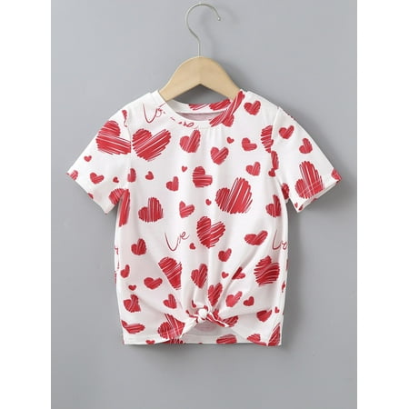 

Red and White Toddler Girls Heart Letter Graphic Tee Casual 90 S040E
