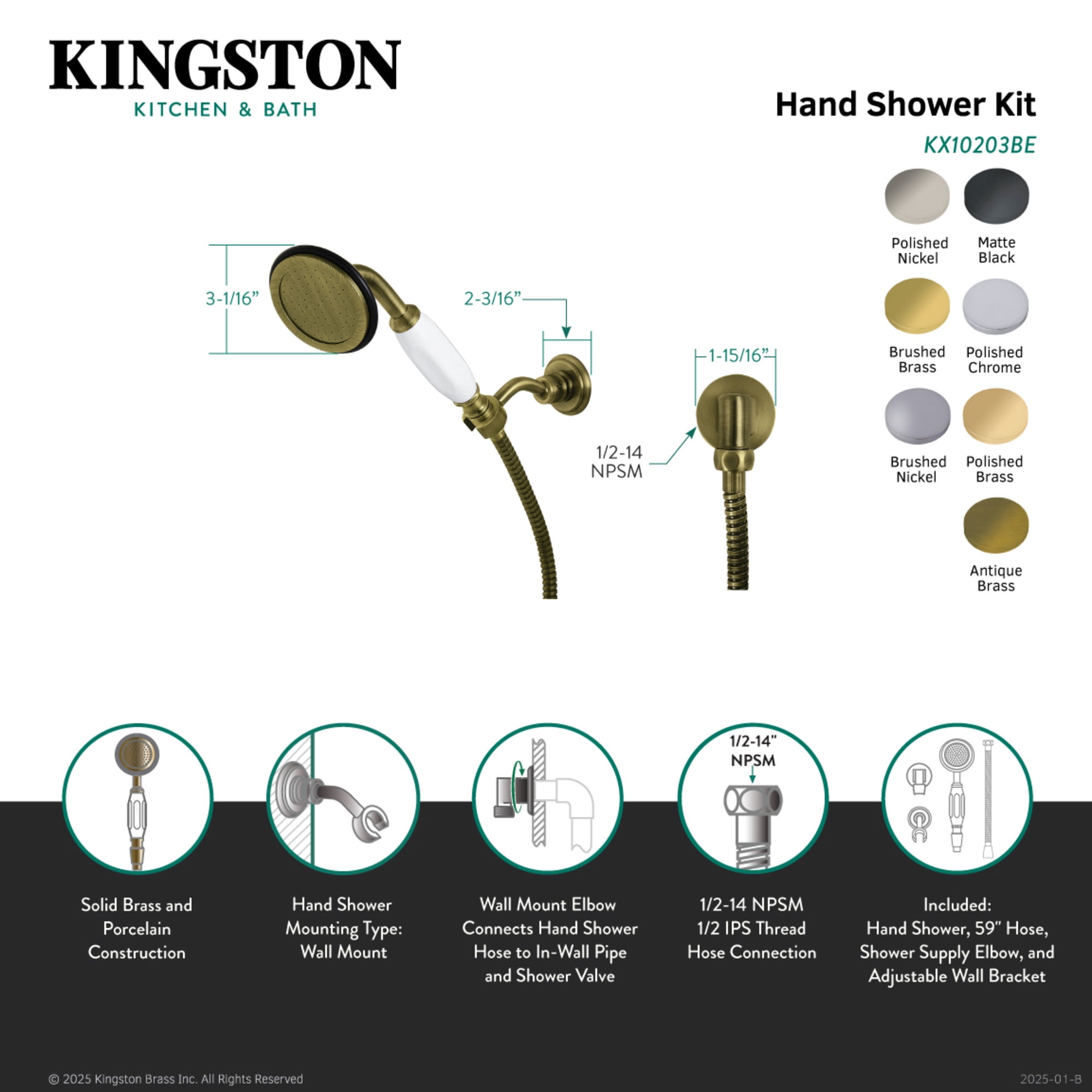Kingston Brass KX10203BE Vintage Hand Shower Kit, Antique Brass