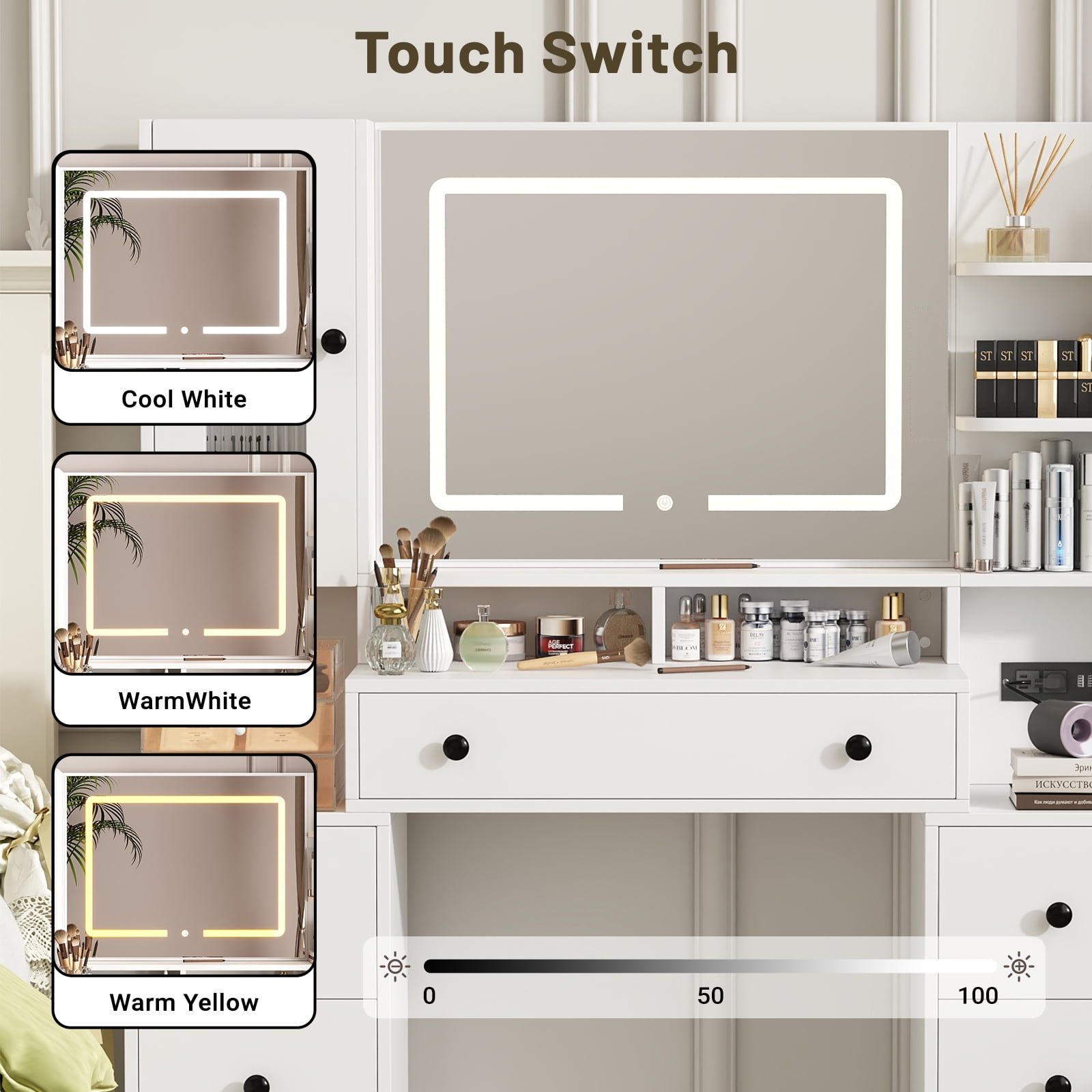 IDEALSOUL Vanity with Lights and Mirror,White Vanity Desk with 7 Drawers for Bedroom Dressing Room 3 Lighting Color Adjustable