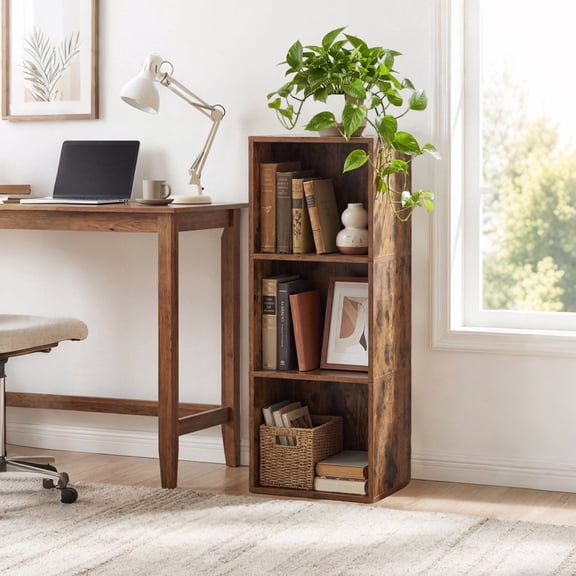 LEDREM 3-Tier Bookshelf with Adjustable Open Shelves, Tall Bookcase Space-Saving for Living Room Home Office, Rustic Brown