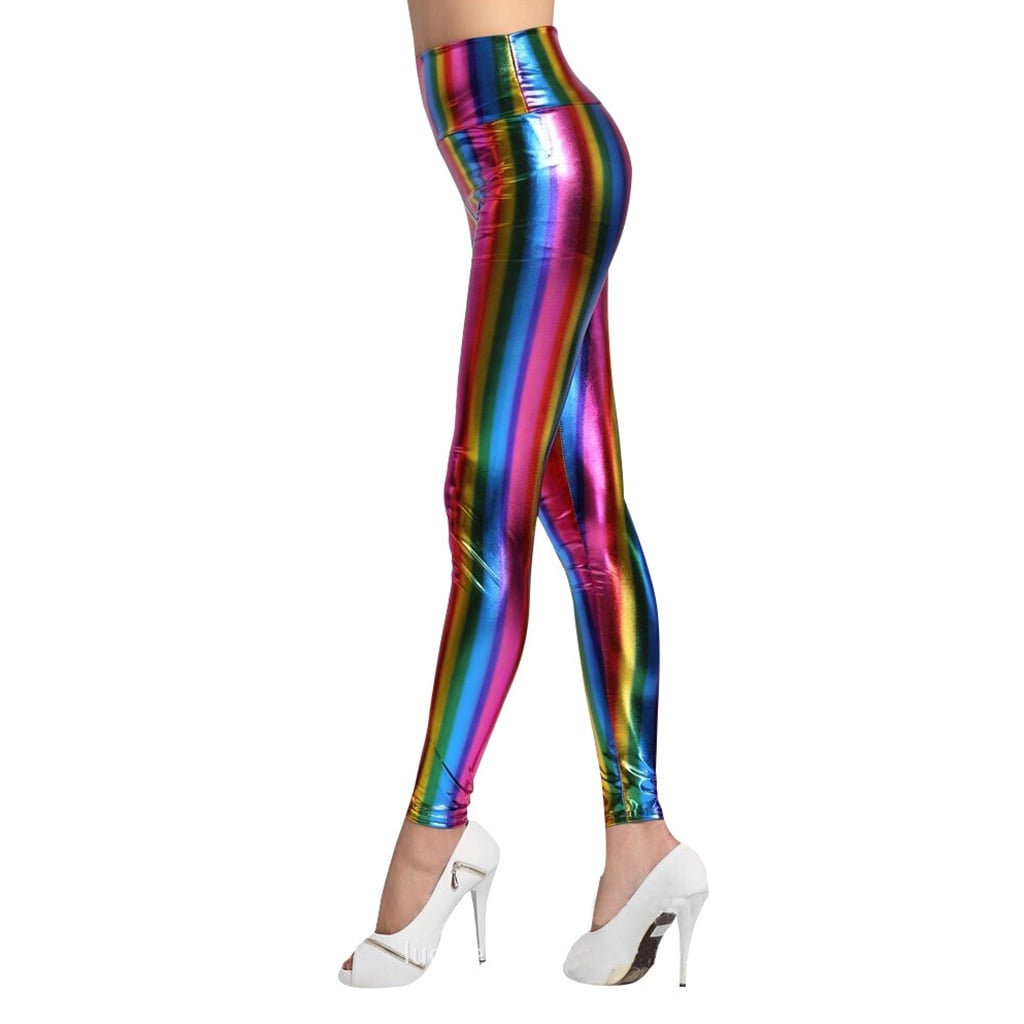 Techinal Womens Hologram Metallic Rainbow Leggings Glitter