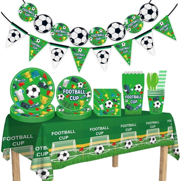 147PCS Football Party Supplies Set: Includes football dinner plates, dessert plates, napkins, a football tablecloth, cups and banners. Serves24 guests, perfect for football-themed birthdays, game