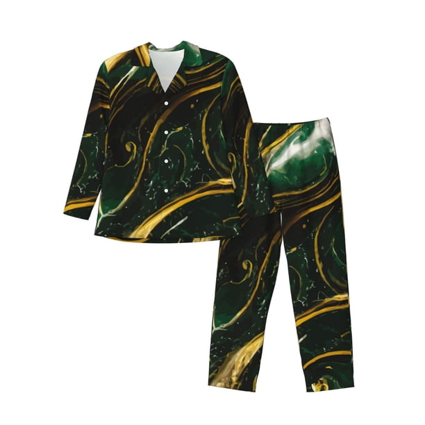 Balery Green Marble Pijama para Hombre de Dos Piezas con Manga Larga, Conjunto de Dormir y Descanso Suave con Bolsillos-Large