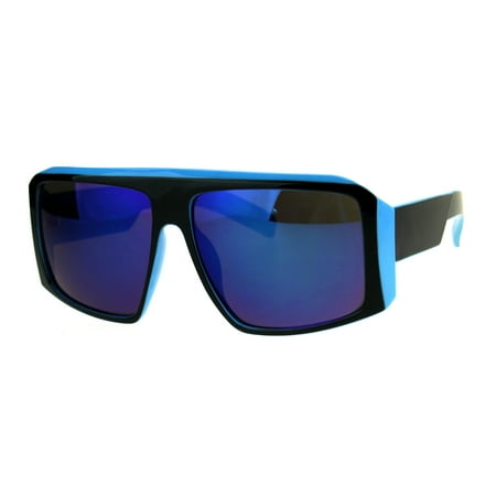 Mens Color Mirror Futuristic Robotic Flat Top Racer Plastic Sunglasses Black Blue Blue