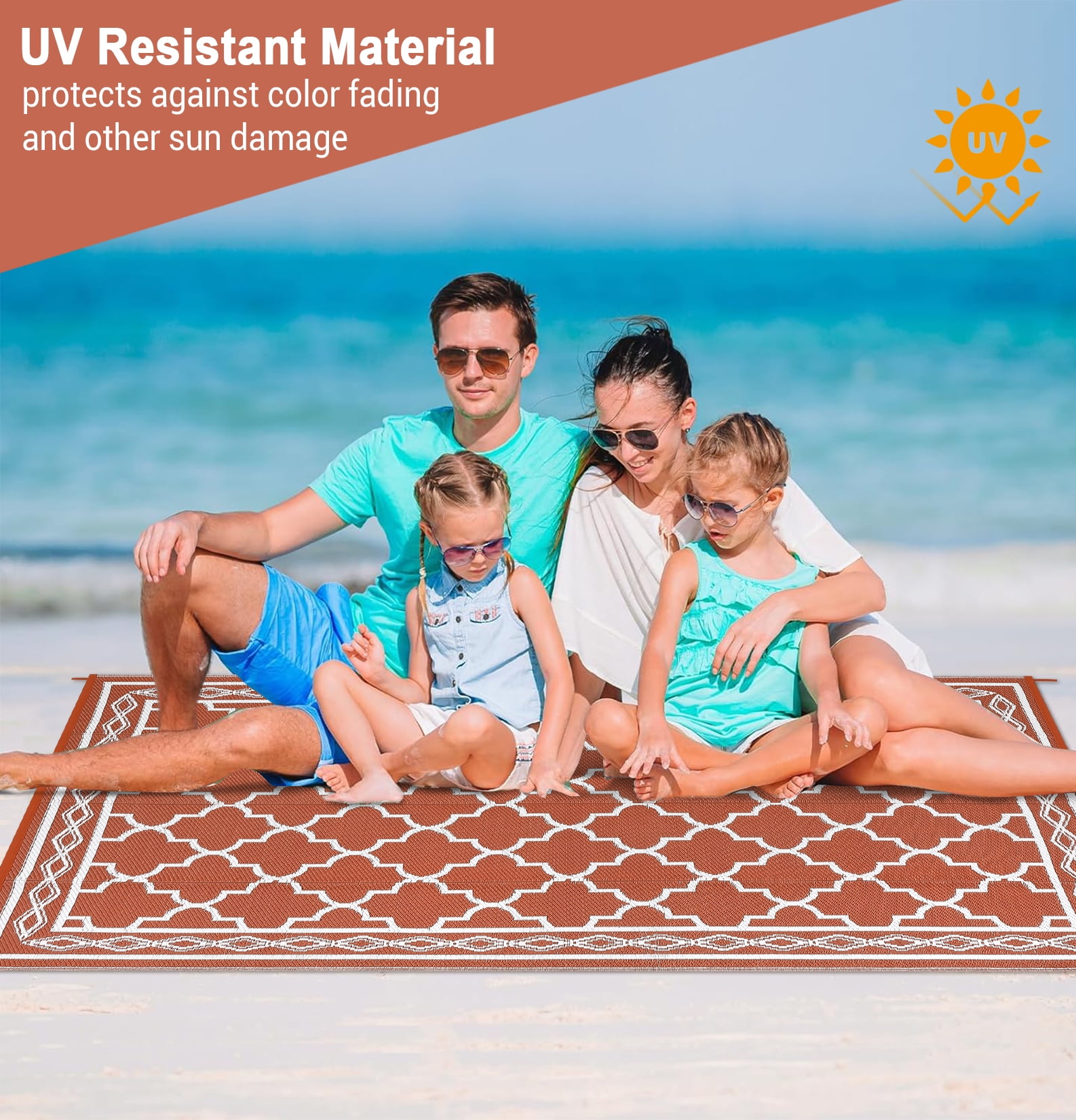 GlowSol 10' x 14' Outdoor Rug Plastic Patio Rug Plastic Straw Waterproof Rug Moroccan Reversible Camper Rug for RV Backyard Deck Picnic Beach, Brick Red