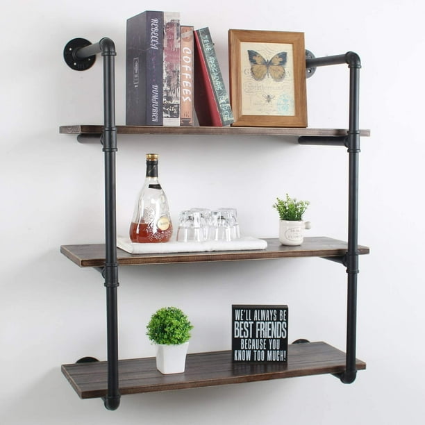 BBNBDMZ 30" Industrial Pipe Bookshelf Wall Mounted 3 Tier Rustic