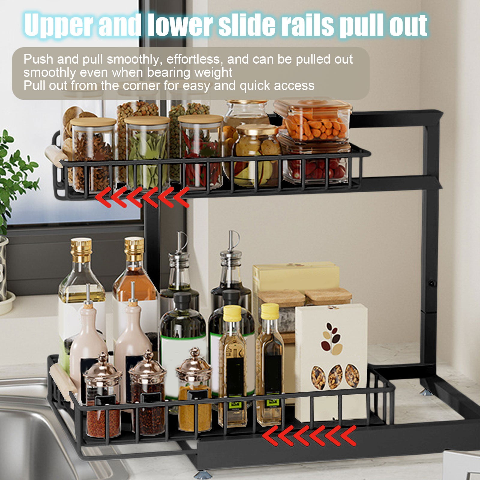 Oggfader Black Under Sink Pull Out Organizer, Adjustable Kitchen Cabinet Storage Rack for Seasoning & Cleaning Supplies